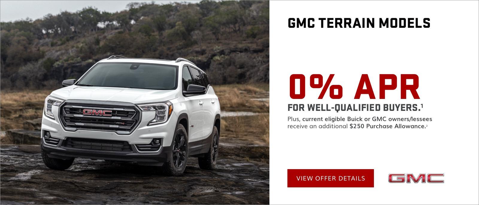 0% APR for well-qualified buyers.
Plus, current eligible Buick or GMC owners/lessees receive an additional $250 Purchase Allowance.