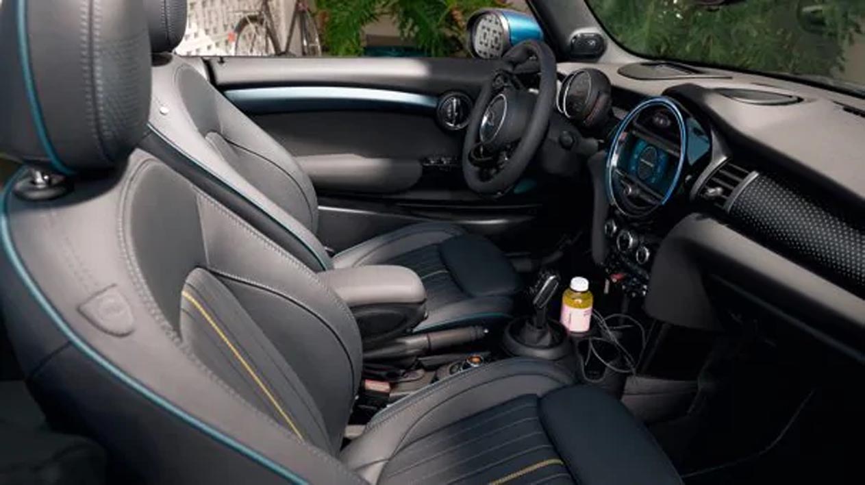 The interior and two seats inside the MINI Cooper S Convertible Sidewalk Edition