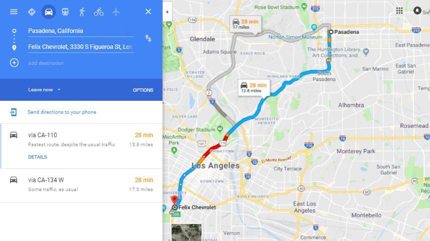 map Pasadena to felix chevy dealership 
