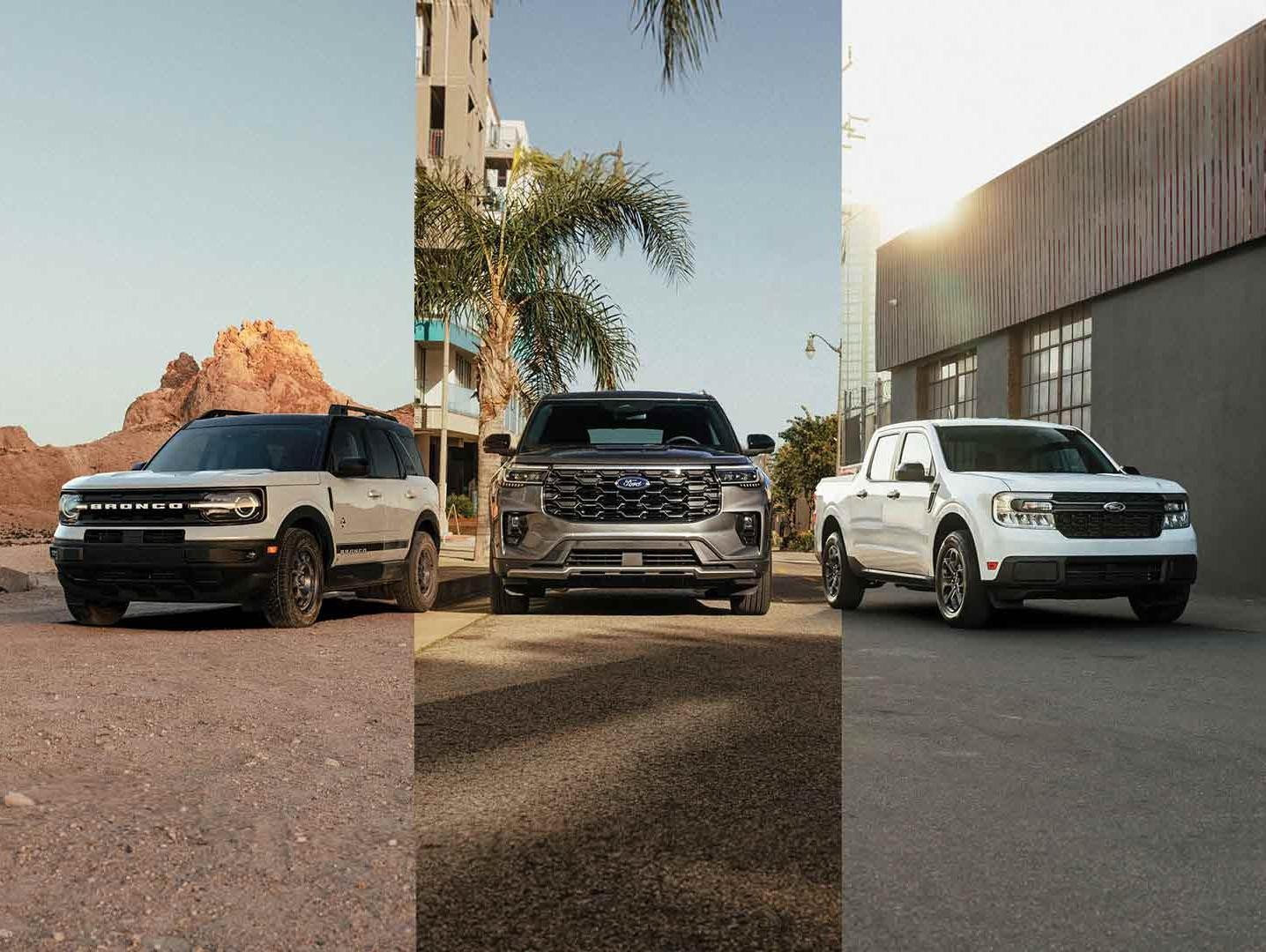 A pack shot of Ford vehicles including Bronco® Sport, Explorer® and Maverick®