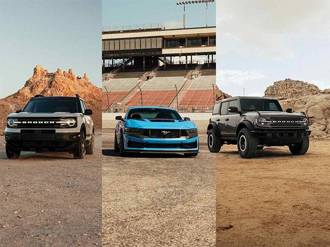 A split screen shot of a Ford Bronco®, Mustang®, and Bronco® Sport