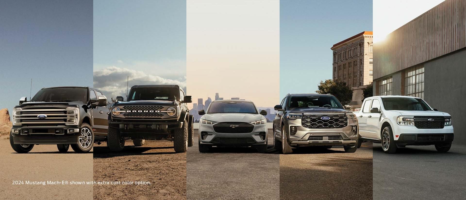 A pack shot of Ford vehicles including Super Duty®, Bronco®, Mustang Mach-E®, Explorer®, and Maverick®