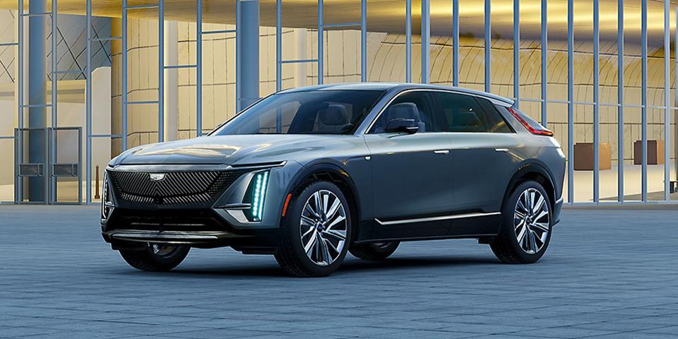 2023 Cadillac Lyriq 3/4 shot parking in front of city building