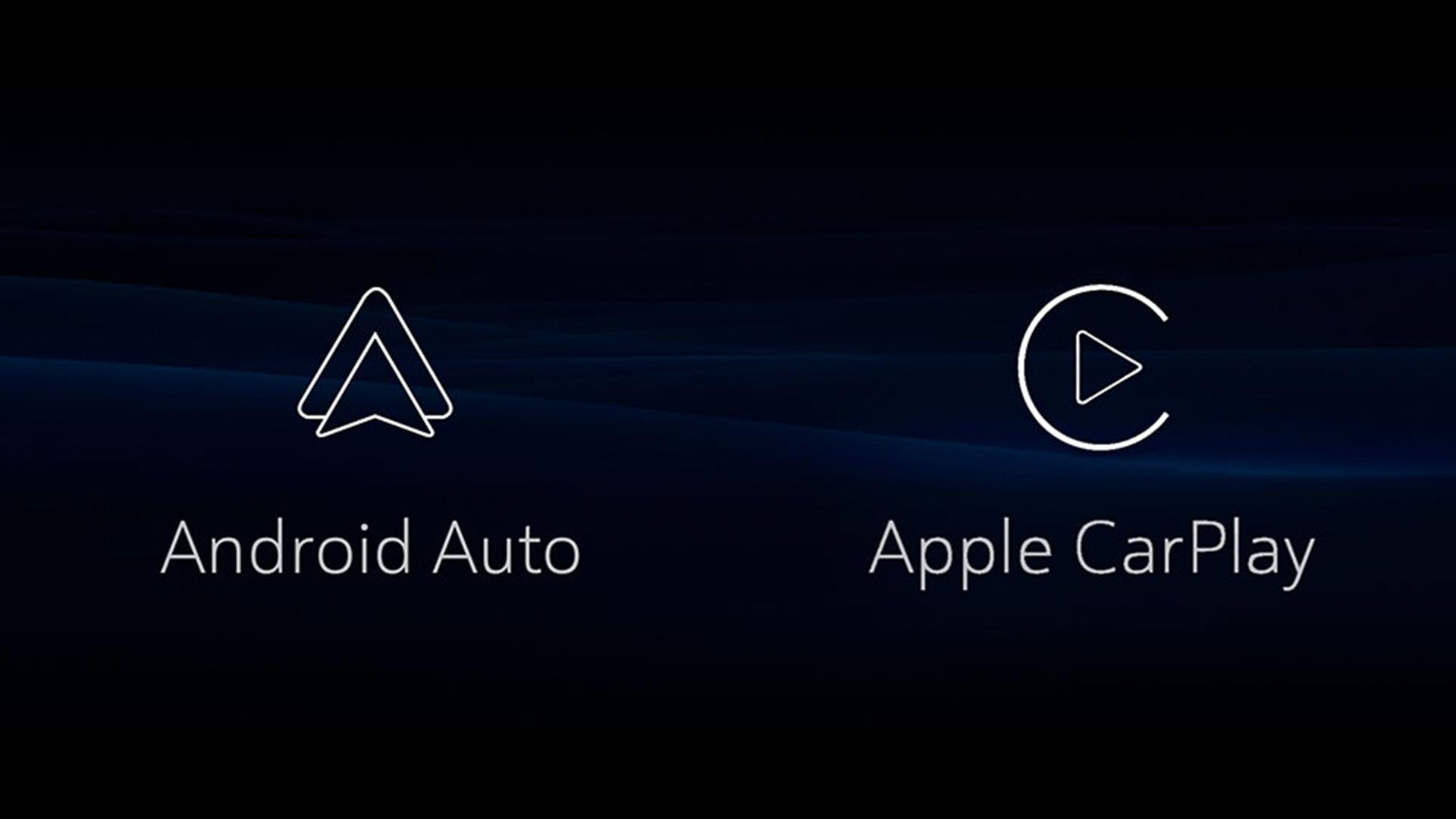 White Android Auto and Apple Car Play logos on dark black and blue background