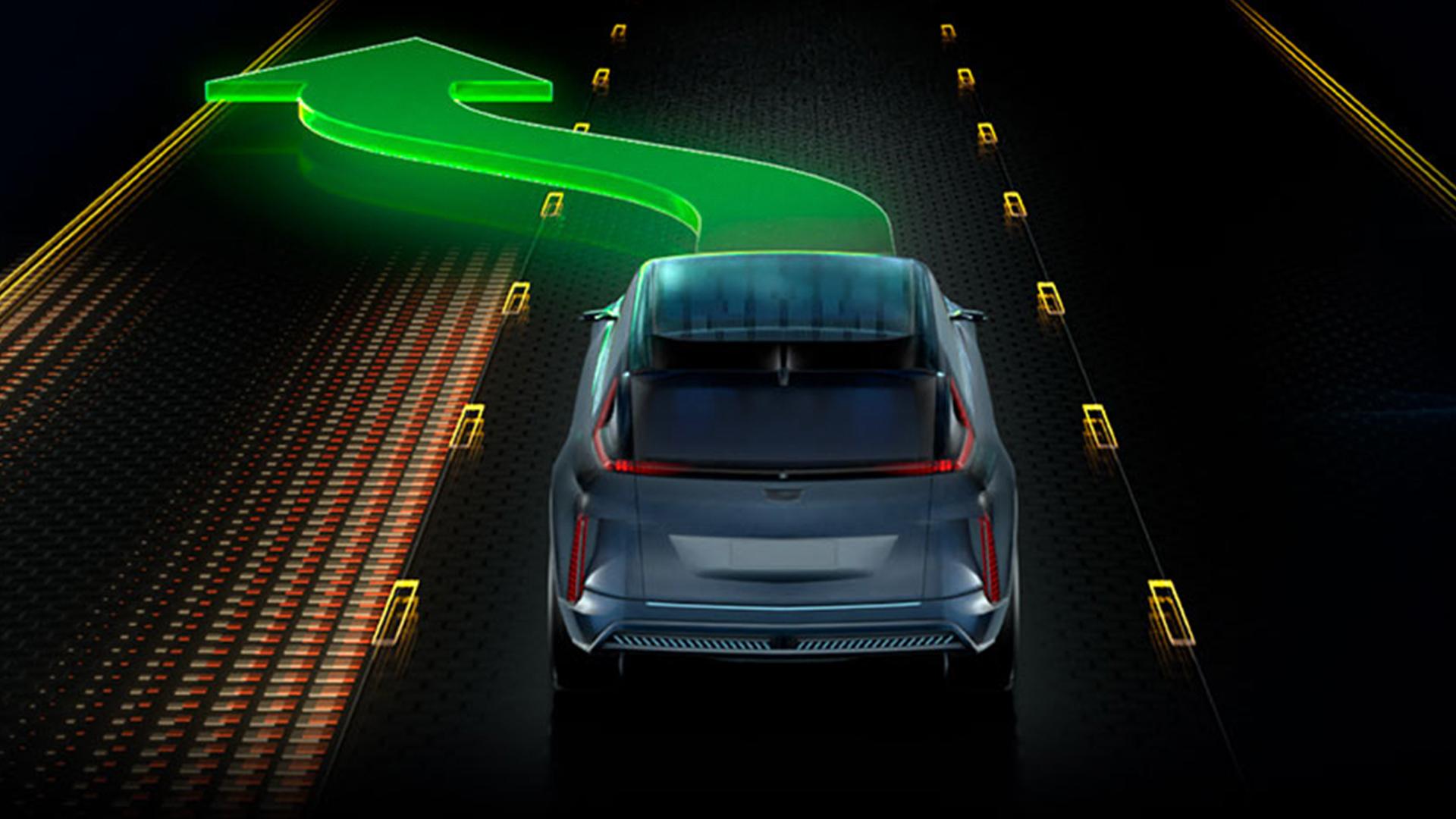 2023 Cadillac Lyriq graphic with green arrow demonstrating driver assist technology