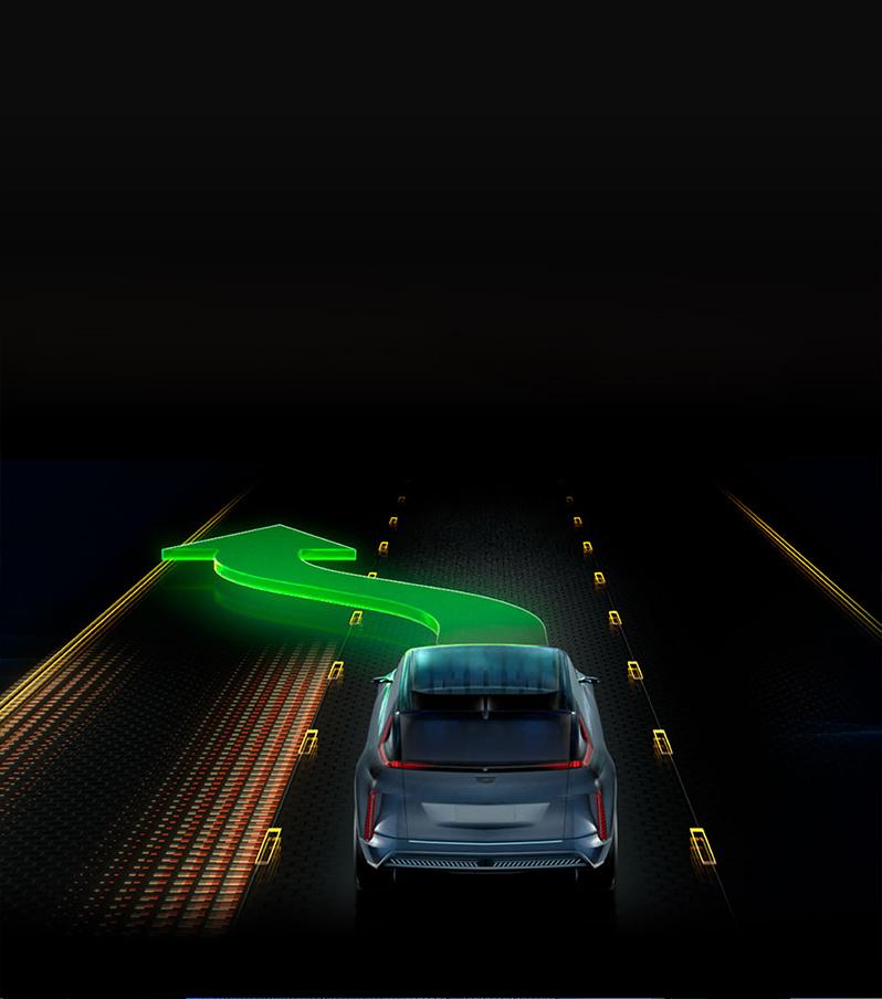 2023 Cadillac Lyriq Graphic with green arrow switching lanes demonstrating driver assistance technology