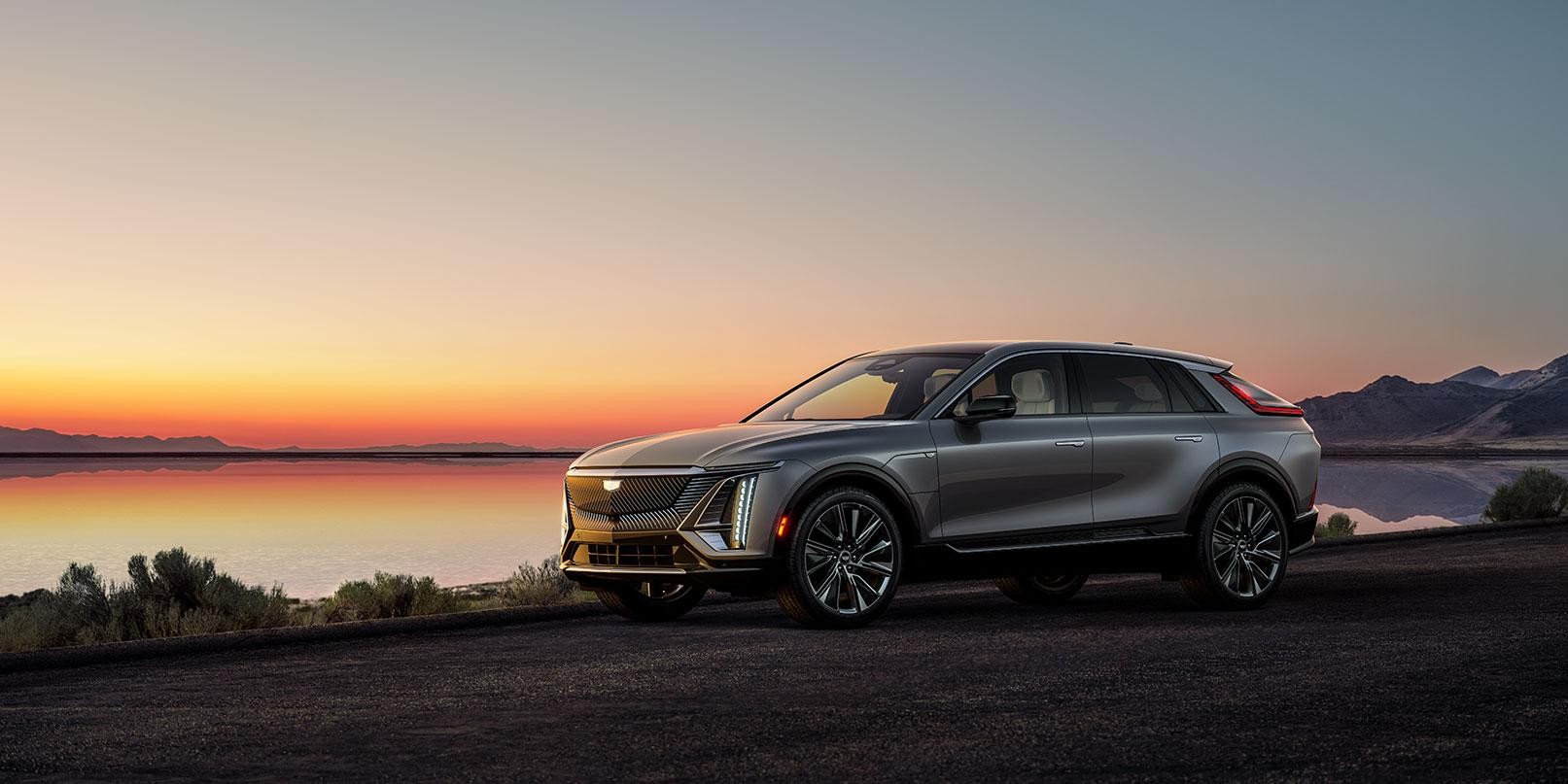 2023 Cadillac Lyriq parked on road, drivers side during sunset