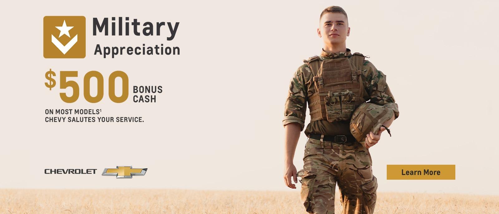 Military Discount. $500 Bonus Cash. Chevy salutes your service.