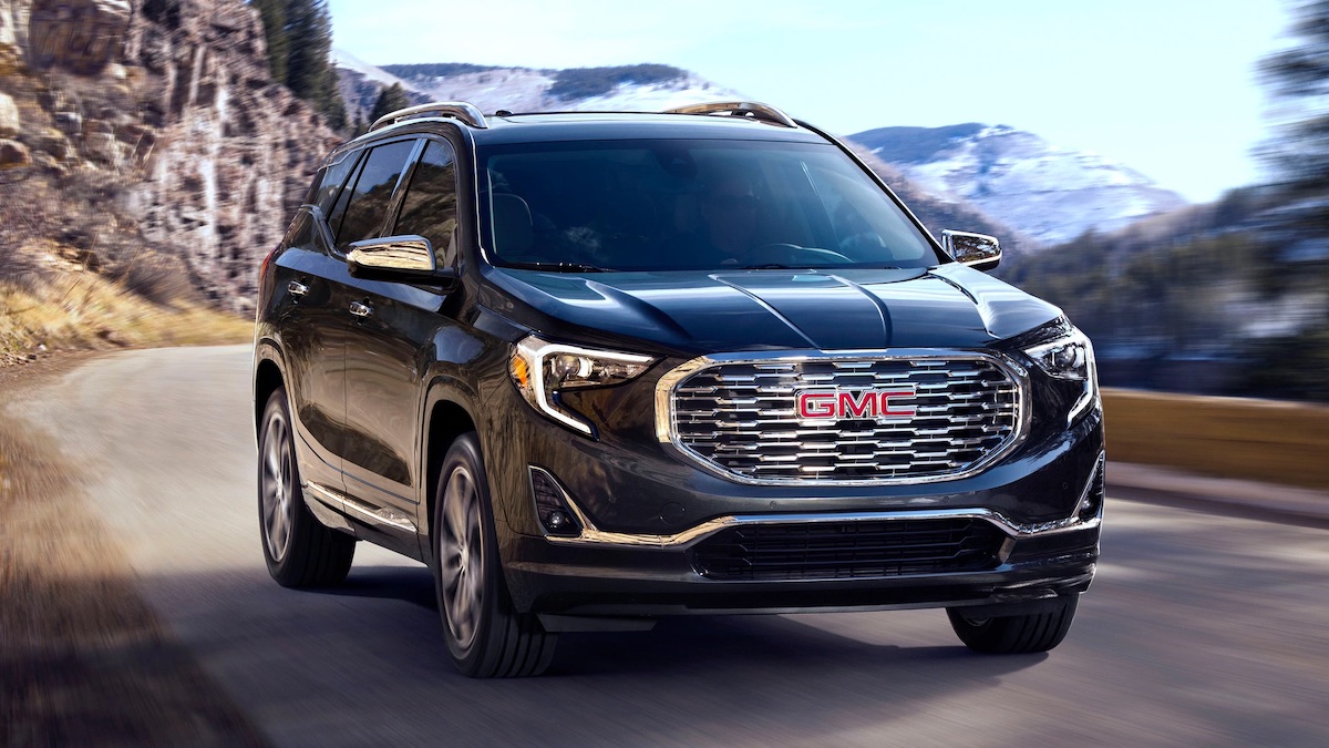 2020 GMC Terrain Denali small SUV exterior front side angle gallery image