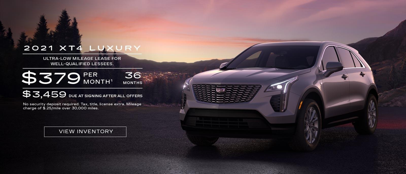 2021 XT4 Luxury. Ultra-low mileage lease for well-qualified lessees. $379 per month. 36 months. $3,459 due at signing after all offers.