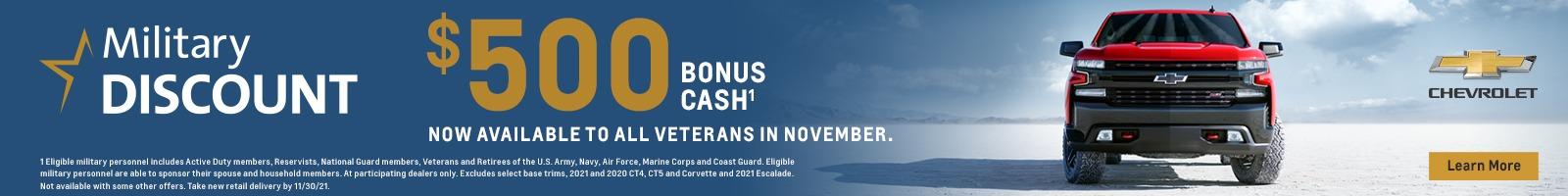 Military Discount. $500 bonus cash.