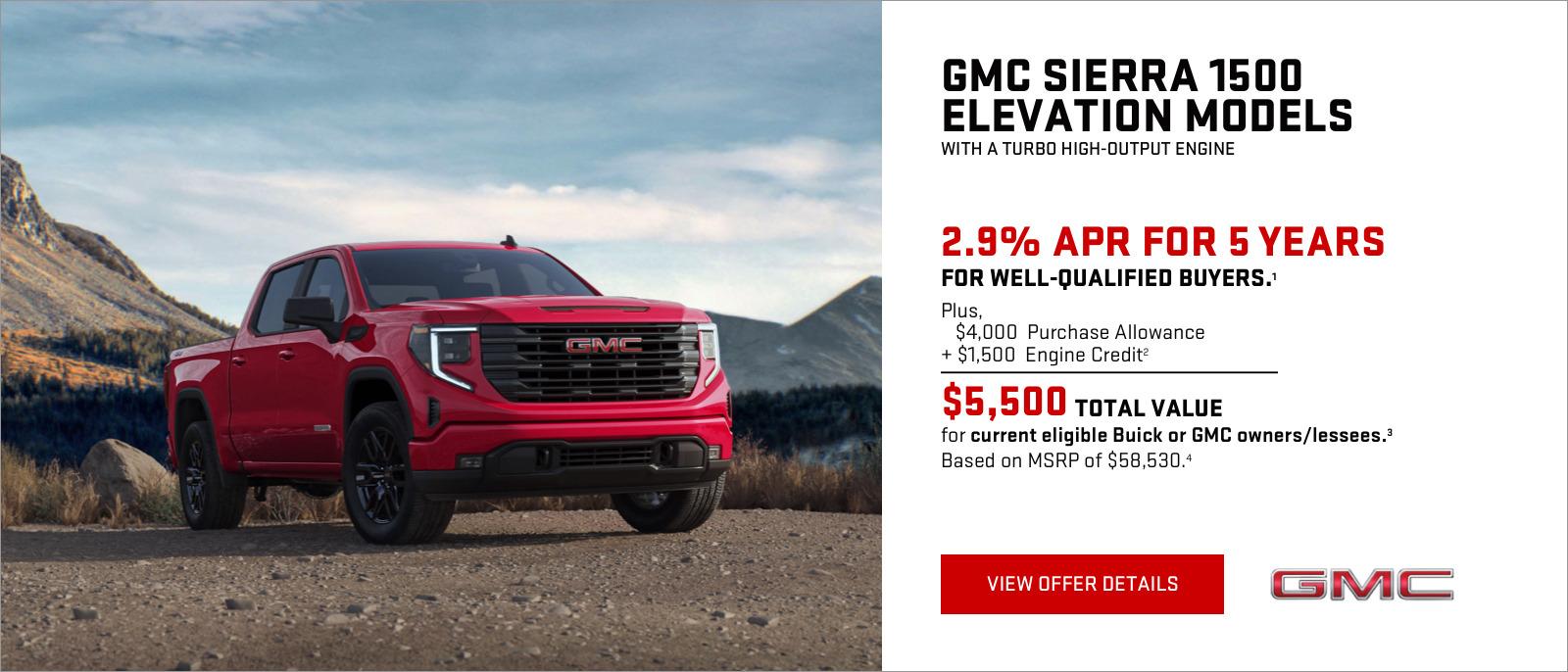 2.9% APR for 5 years for well-qualified buyers.1
Plus
$4,000 Purchase Allowance
$1,500 Engine Credit2
$5,500 Total Value for current eligible Buick or GMC owners/lessees.3
Based on MSRP of $58,530. 4