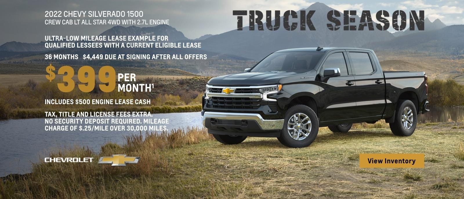 2022 Chevy Silverado 1500 Crew Cab LT All Star 4WD with 2.7L engine. Ultra-low mileage lease example for qualified lessees with a current eligible lease. $399 per month. 36 months. $4,449 due at signing after all offers. Includes $500 engine lease cash. Tax, title and license fees extra. No security deposit required. Mileage charge of $0.25/mile over 30,000 miles.