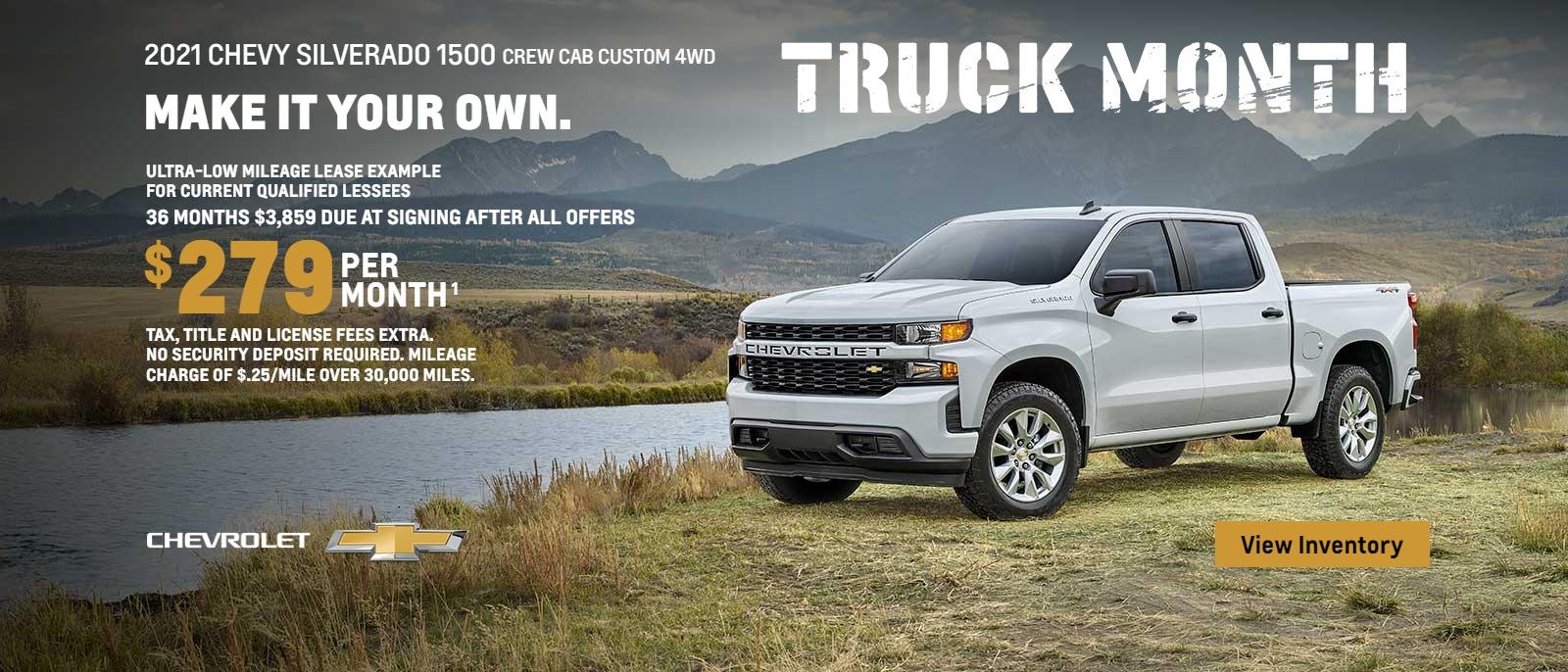 2021 Chevy Silverado 1500 Crew Cab Custom 4WD. Make it your own. Truck Month. Ultra-low mileage lease example for current qualified lessees. $279 per month. 36 months. $3,859 due at signing after all offers. Take, title and license fees extra. No security deposit required. Mileage charge of $.25/mile over 30,000.