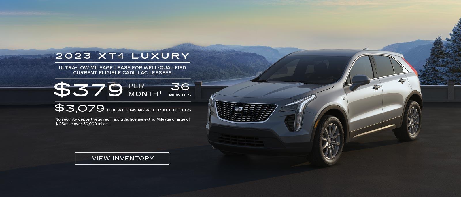 2023 XT4 Luxury. Ultra-low mileage lease for well-qualified current eligible GM and non-GM lessees. $379 per month. 36 months. $3,079 due at signing after all offers.