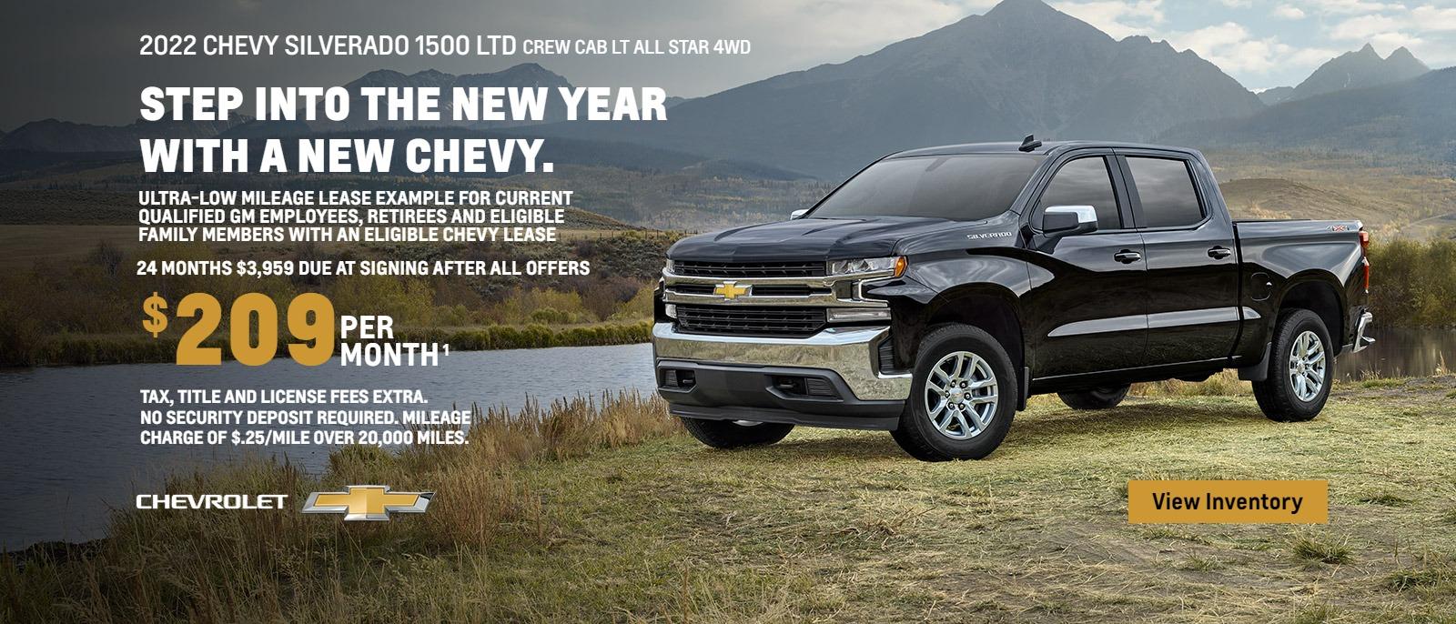 2022 Chevy Silverado 1500 LTD Crew Cab LT All Star 4WD. Ultra low mileage lease example for qualified GM employees, retirees and eligible family members with a current eligible Chevy lease. $209 per month. 24 months. $3,959 due at signing after all offers. Tax, title and license fees extra. No security deposit required. Mileage charge of $0.25/mile over 20,000 miles.