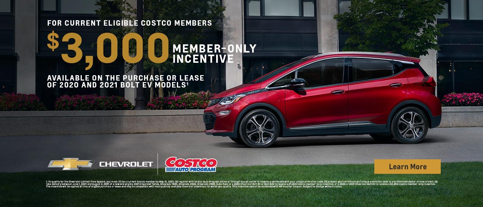 2021 Bolt EV
$3,000 member-only incentive on the purchase or lease of 2020 and 2021 Bolt EV models