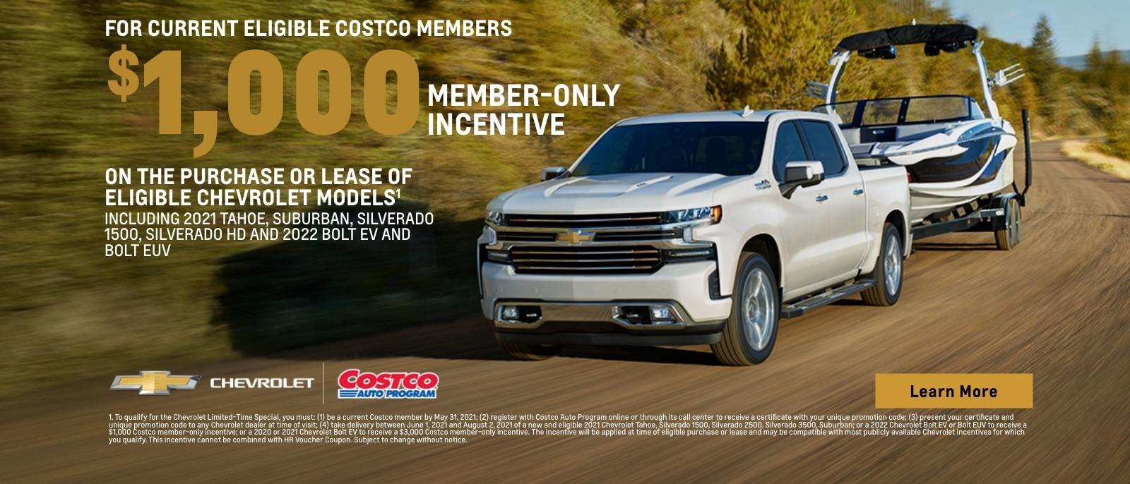 2021 Silverado 1500
$1,000 member-only incentive on the purchase or lease of eligible Chevrolet models including 2021 Tahoe, Suburban, Silverado 1500, Silverado HD and 2022 Bolt EV and EUV