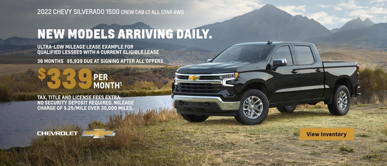 2022 Chevy Silverado 1500 Crew Cab LT All Star 4WD. New models arriving daily. Ultra-low mileage lease example for qualified lessees with a current eligible lease. $339 per month. 36 months. $5,939 due at signing after all offers. Tax, title and license fees extra. No security deposit required. Mileage charge or $0.25/mile over 30,000 miles.