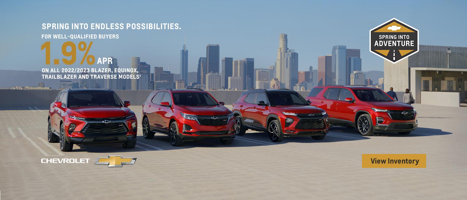 For well-qualified buyers 1.9% APR on all 2022/2023 Blazer, Equinox, Trailblazer and Traverse models.