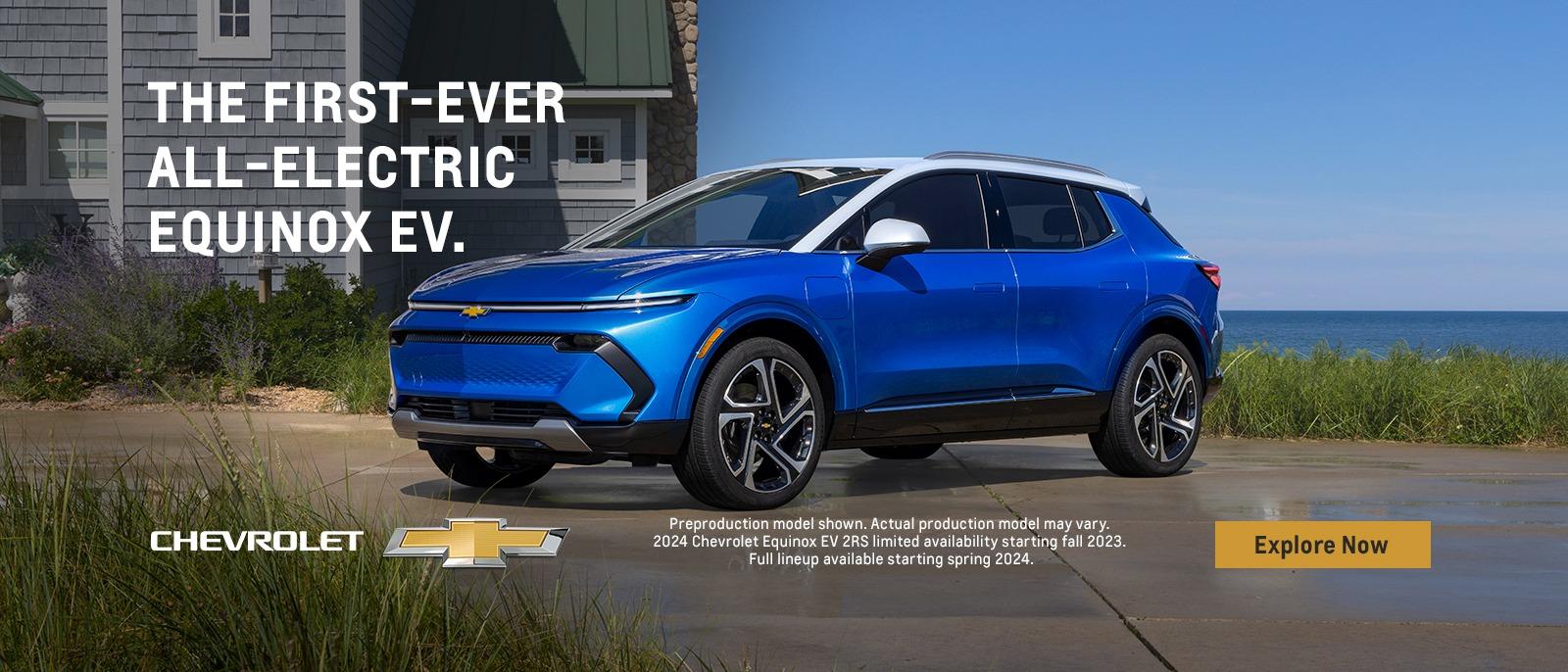 The first-ever all-electric Equinox EV. Preproduction model shown. Actual production model may vary. 2024 Chevrolet Equinox EV 3LT shown available starting spring 2024.