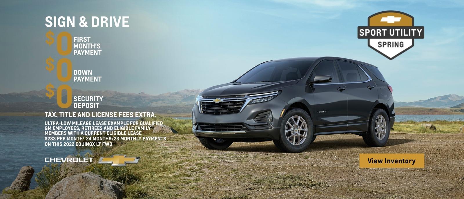 2022 Chevy Equinox LT FWD. Life is better in a Chevy Equinox. Ultra-low mileage lease example for qualified GM employees, retirees and eligible family members with a current eligible lease. 24 months/23 monthly payments. $283 per month. $0 First month's payment. $0 down payment. $0 security deposit. Tax, title and license fees extra. No security deposit required. Mileage charge of $0.25/mile over 20,000 miles.