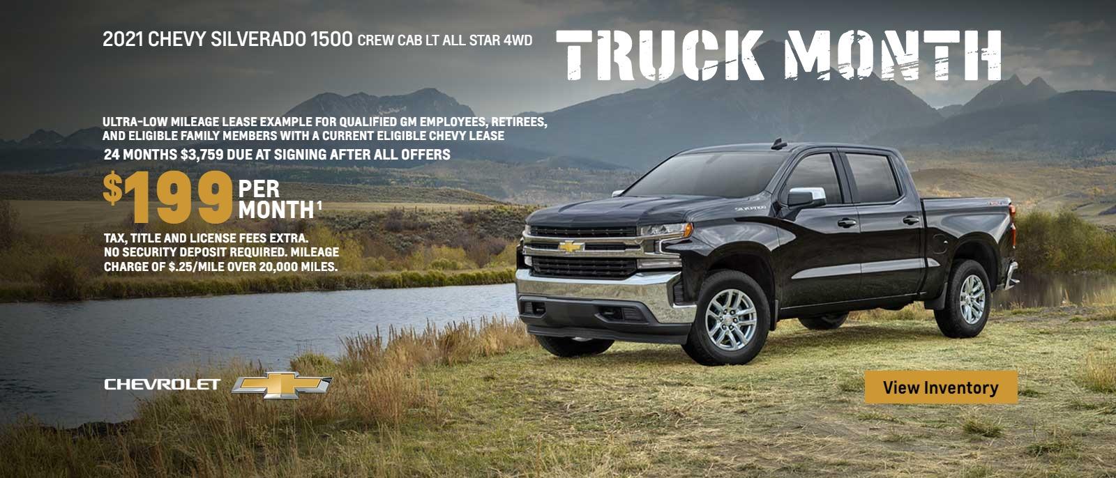 2021 Chevy Silverado 1500 Crew Cab LT All Star 4WD. Make it your own. Truck Month. Ultra-low mileage lease example for qualified GM employees, retirees, and eligible family members with a current eligible lease. $199 per month. 24 months. $3,759 due at signing after all offers. Take, title and license fees extra. No security deposit required. Mileage charge of $.25/mile over 20,000.