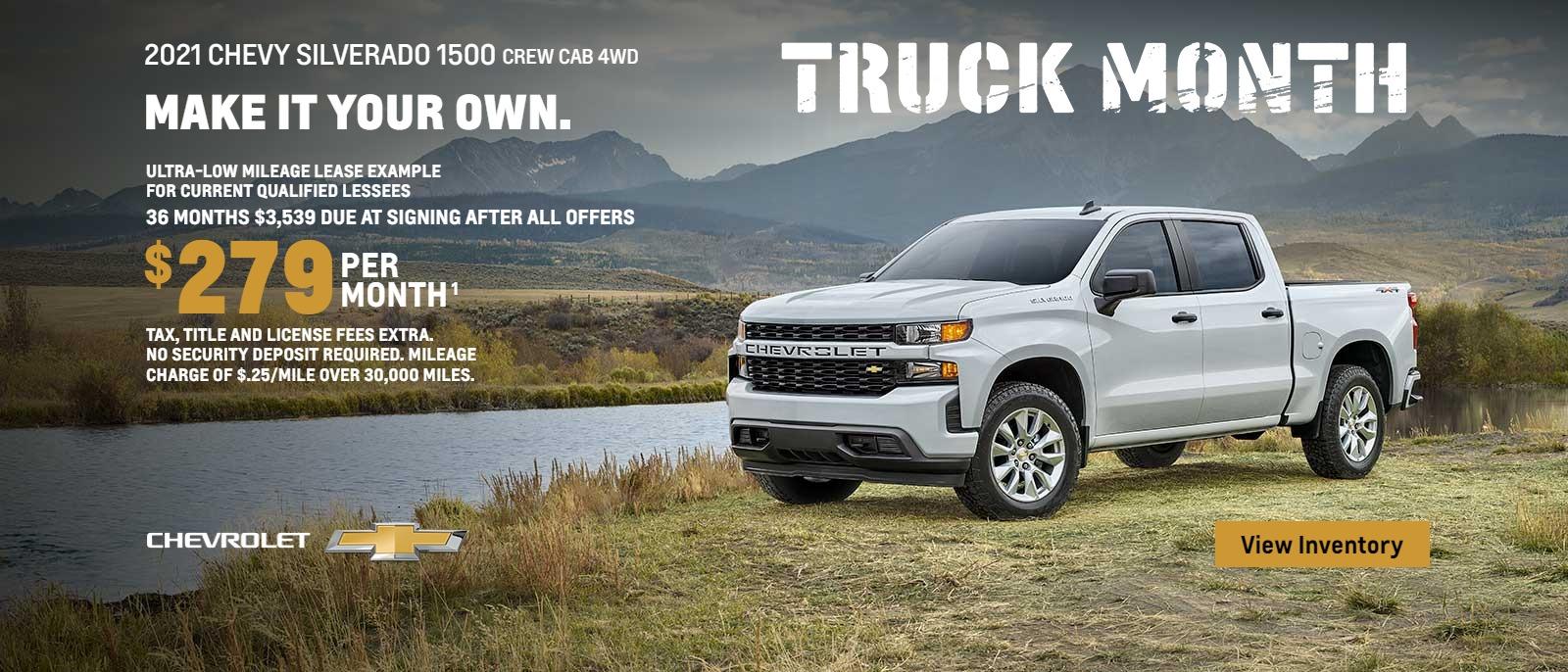 2021 Chevy Silverado 1500 Crew Cab 4WD. Make it your own. Truck Month. Ultra-low mileage lease example for current qualified lessees. $279 per month. 36 months. $3,539 due at signing after all offers. Take, title and license fees extra. No security deposit required. Mileage charge of $.25/mile over 30,000.