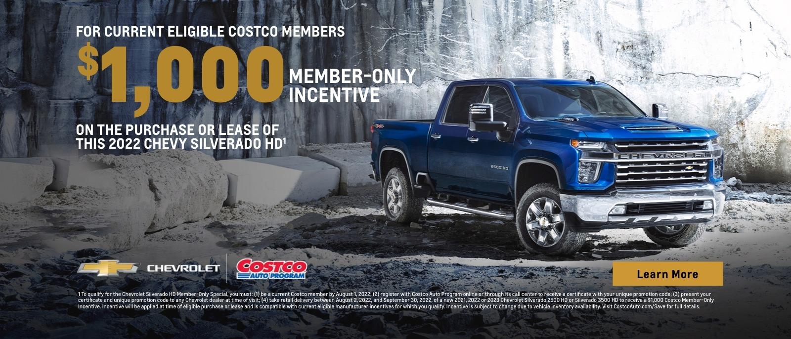 For current eligible Costco members. $1,000 member-only incentive on the purchase or lease of this 2022 Chevy Silverado HD.