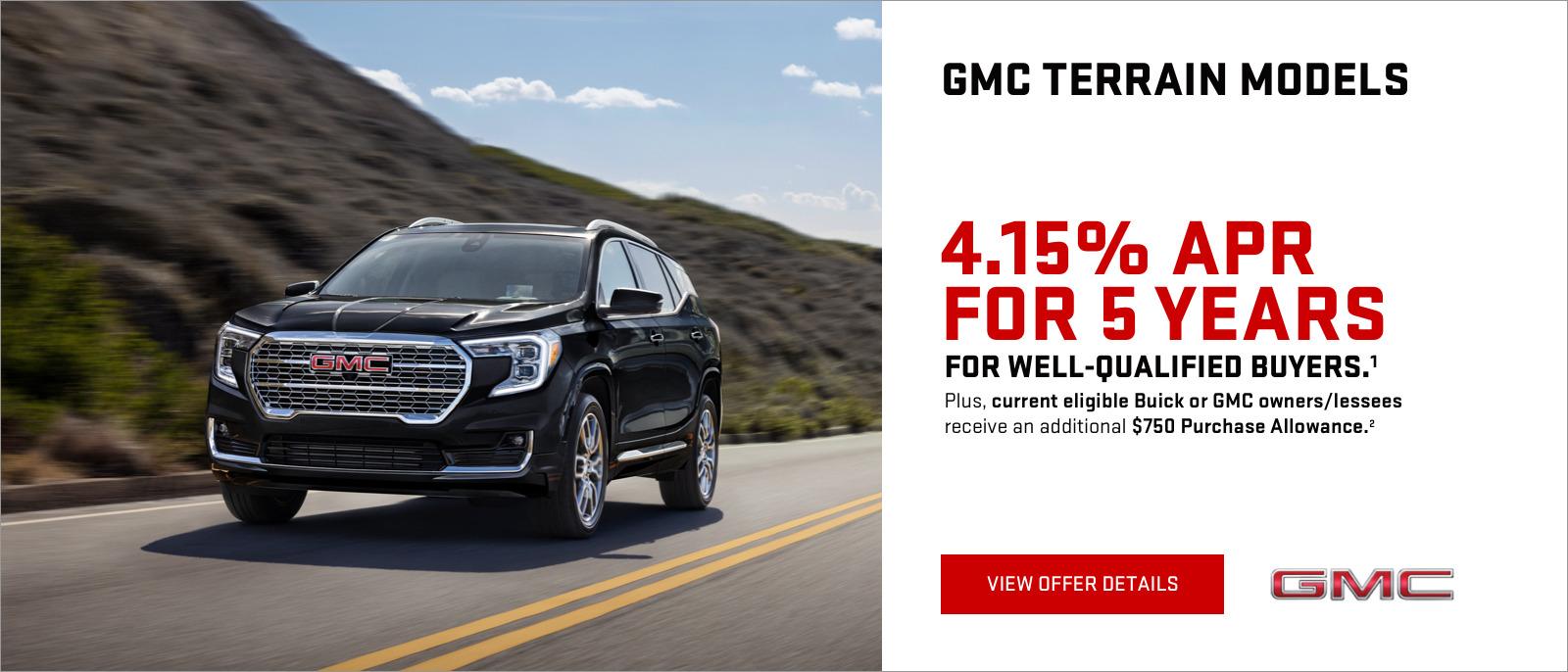 4.15% APR for 5 years for well-qualified buyers.1
Plus, current eligible Buick or GMC owners/lessees receive an additional $750 Purchase Allowance.2