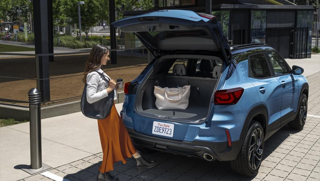 Blue 2025 Trailblazer with the trunk open