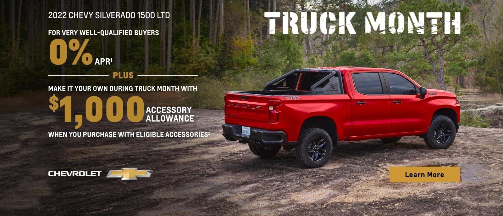 Truck Month. 2022 Chevy Silverado 1500 LTD. For very well-qualified buyers 0% APR plus make it your own during Truck Month with $1,000 accessory allowance when you purchase with eligible accessories.