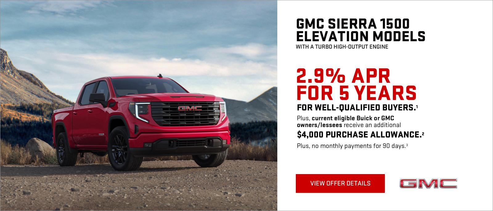 2.9% APR for 5 years for well-qualified buyers.1
Plus, current eligible Buick or GMC owners/lessees receive an additional $4,000 Purchase Allowance.2
PLUS, NO MONTHLY PAYMENTS FOR 90 DAYS. 3