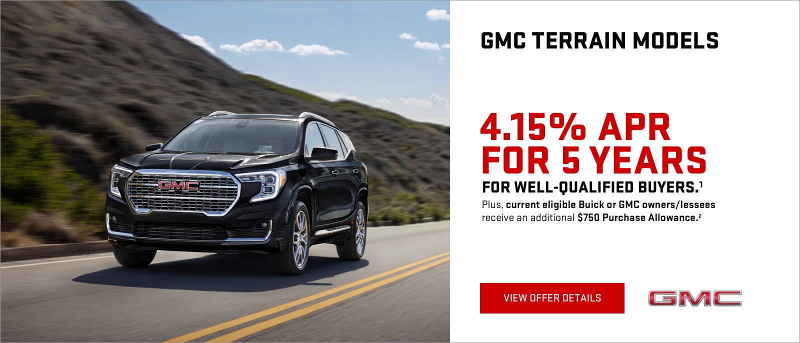 4.15% APR for 5 years for well-qualified buyers.1
Plus, current eligible Buick or GMC owners/lessees receive an additional $750 Purchase Allowance.2