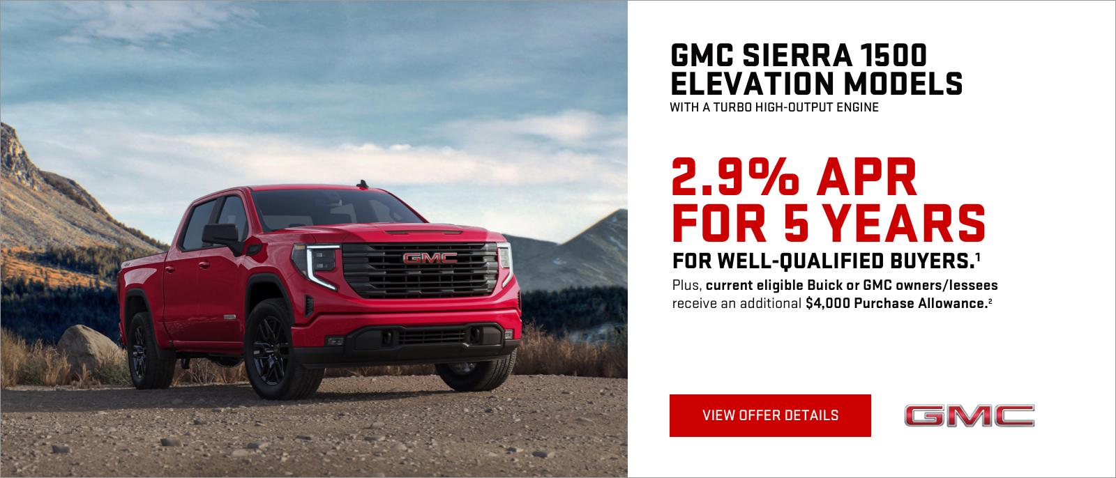 2.9% APR for 5 years for well-qualified buyers.1
Plus, current eligible Buick or GMC owners/lessees receive an additional $4,000 Purchase Allowance.2