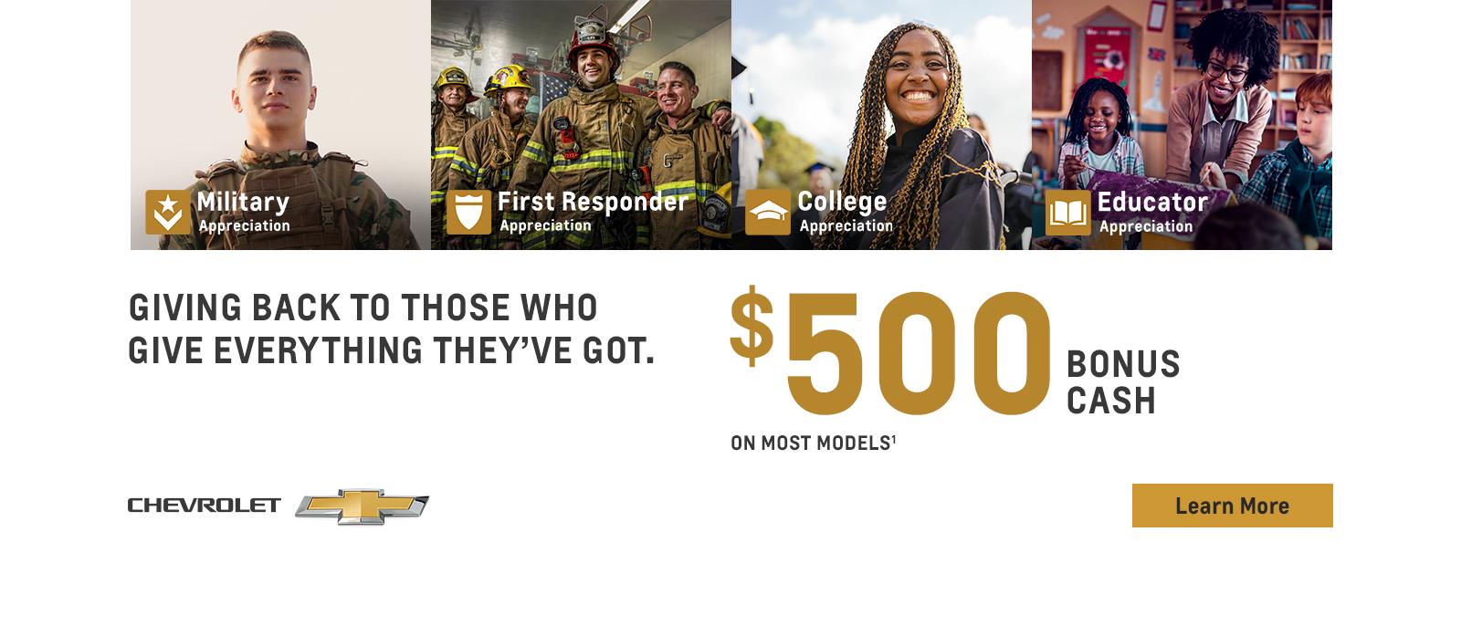 Giving back to those who give everything they've got. $500 Bonus Cash on most models.
