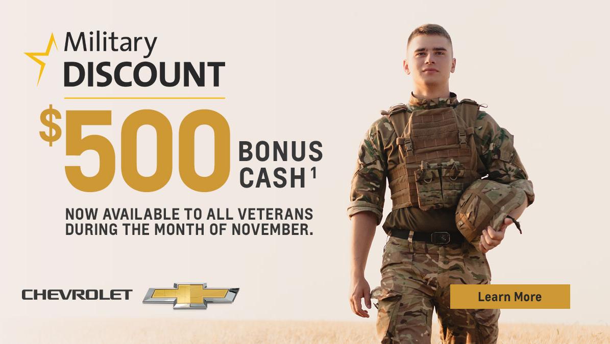 Military Discount $500 Bonus Cash. Now available to all Veterans during the month of November.