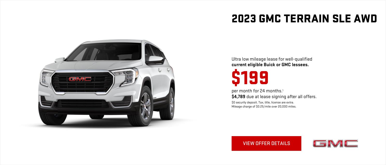 Ultra low mileage lease for well-qualified current eligible Buick or GMC lessees.
$199 per month for 24 months.1
$4,789 due at lease signing after all offers.
$0 security deposit. Tax, title, license are extra. Mileage charge of $0.25/mile over 20,000 miles.