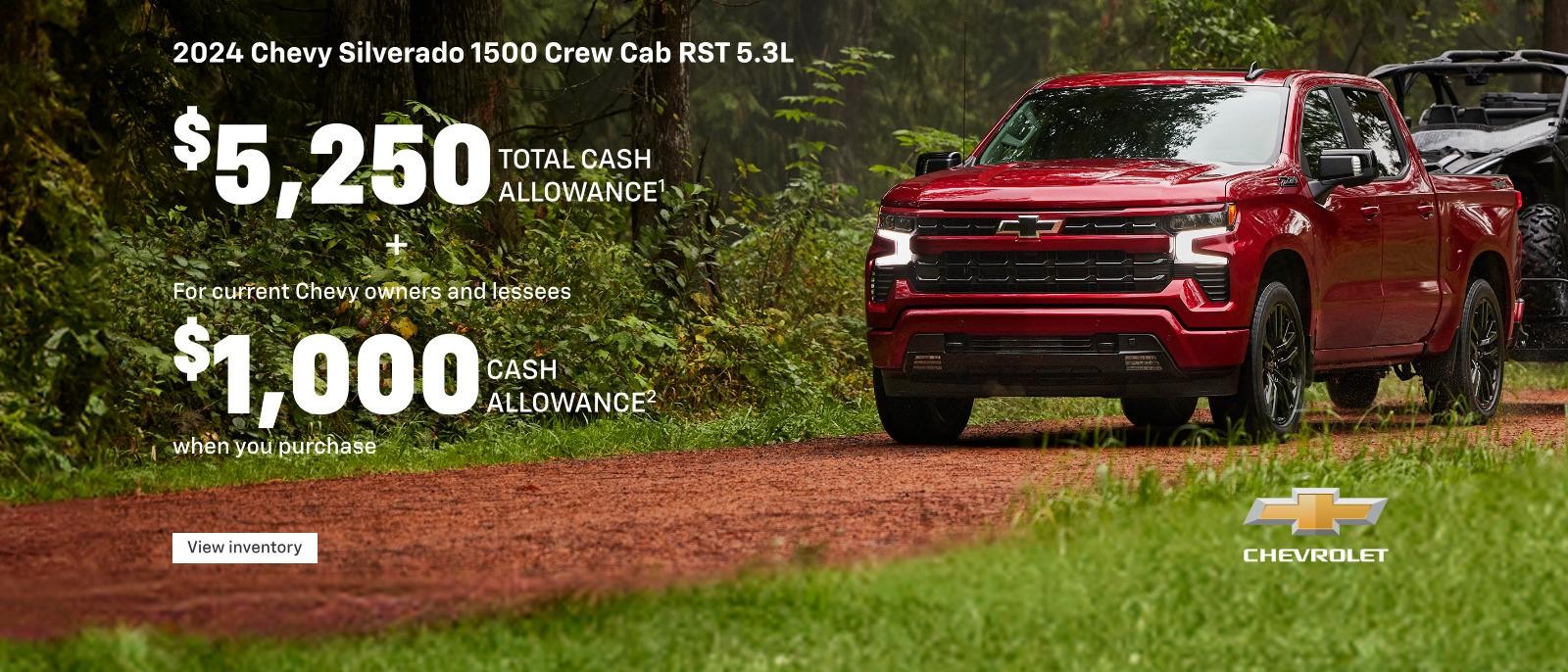 2024 Chevy Silverado 1500 Crew Cab RST 5.3L. $5,250 total cash allowance plus for current Chevy owners and lessees $1,000 cash allowance when you purchase.