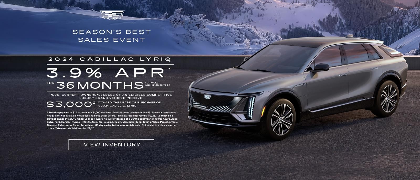 2024 Cadillac LYRIQ. 3.9% APR for 36 months. plus $3,000 purchase allowance.