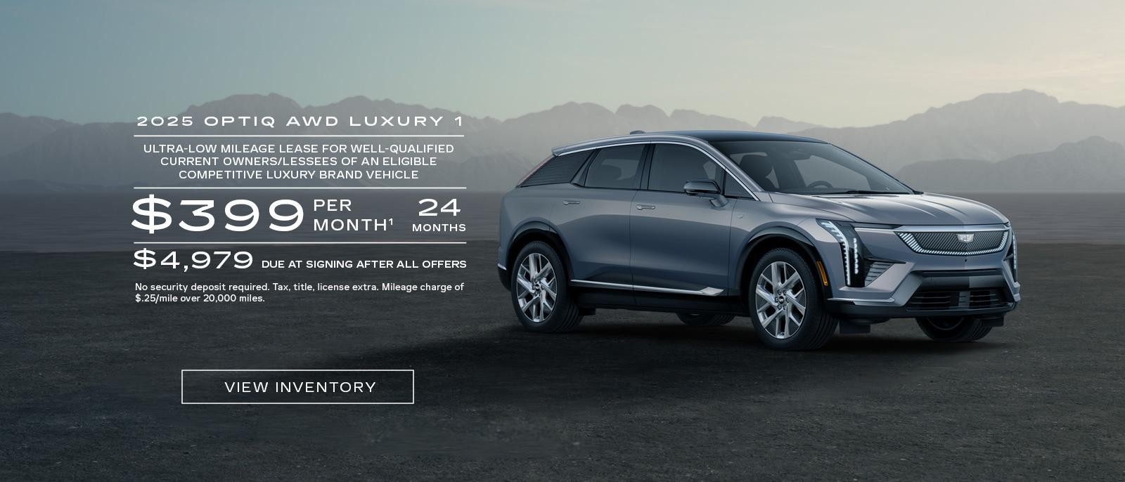 2025 OPTIQ AWD LUXURY 1. Ultra-low milege lease for well-qualified current owners/lessees of an eligible competitive luxury brand vehicle. $399 per month 24 months. $4,979 due at signing after all offers.
