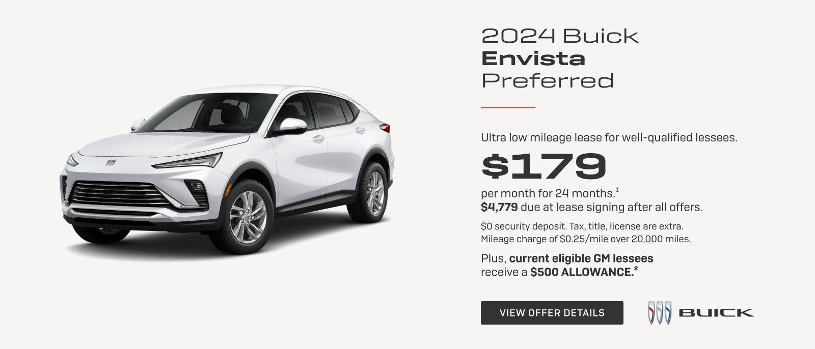 Ultra low mileage lease for well-qualified lessees.

$179 per month for 24 months.1 

$4,779 due at lease signing after all offers. 
$0 security deposit. Tax, title, license are extra. Mileage charge of $0.25/mile over 20,000 miles. 

Plus, current eligible GM lessees receive a $500 ALLOWANCE.2