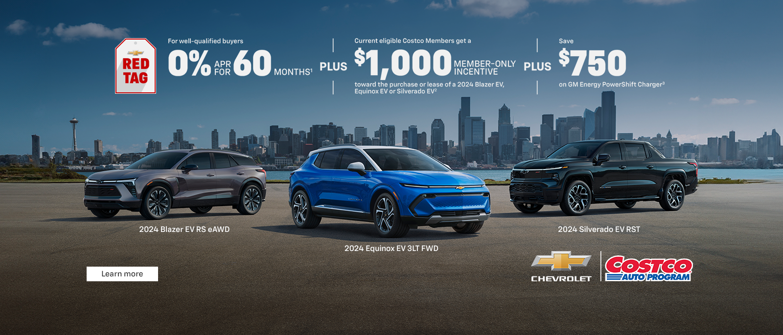 Chevy Red Tag. For well-qualified buyers 0% APR for 60 months. Plus, current eligible Costco Members get $1,000 member-only bonus cash. Plus, save $750 on GM Energy PowerShift Charger.