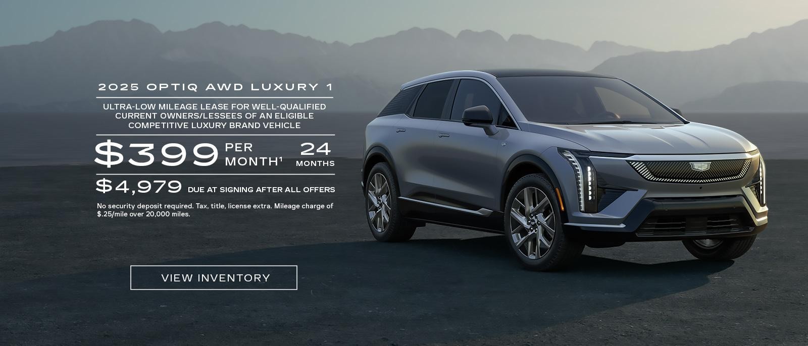 2025 OPTIQ AWD LUXURY 1. Ultra-low milege lease for well-qualified current owners/lessees of an eligible competitive luxury brand vehicle. $399 per month 24 months. $4,979 due at signing after all offers.