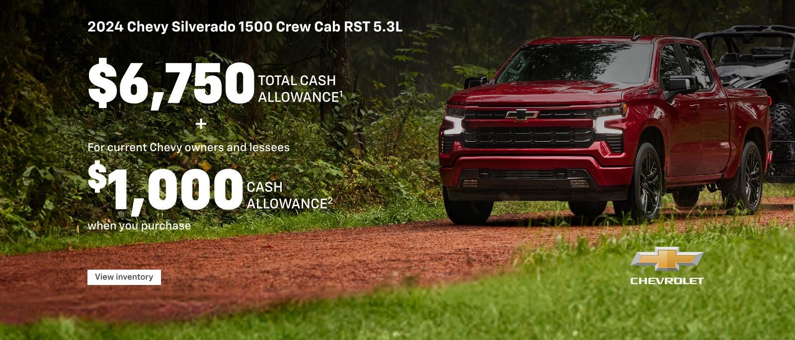 2024 Chevy Silverado 1500 Crew Cab RST 5.3L. $6,750 total cash allowance plus for current Chevy owners and lessees $1,000 cash allowance when you purchase.