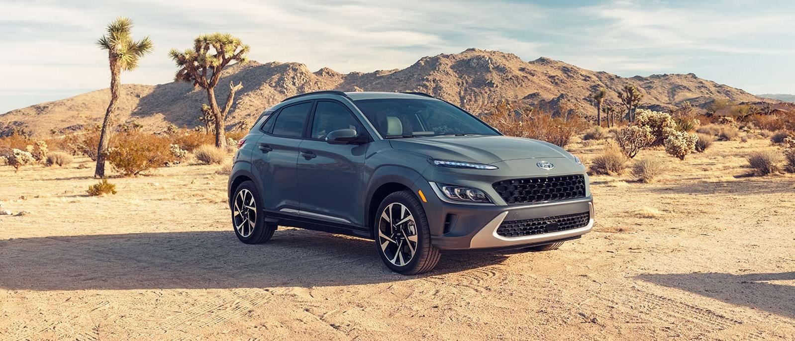 Grey 2022 Hyundai Kona is parked in the desert region.