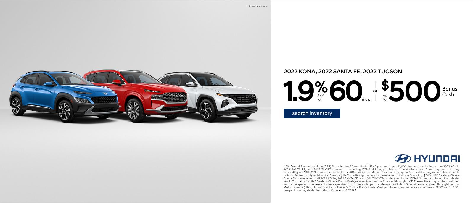 2022 Hyundai Kona, Santa Fe and Tucson