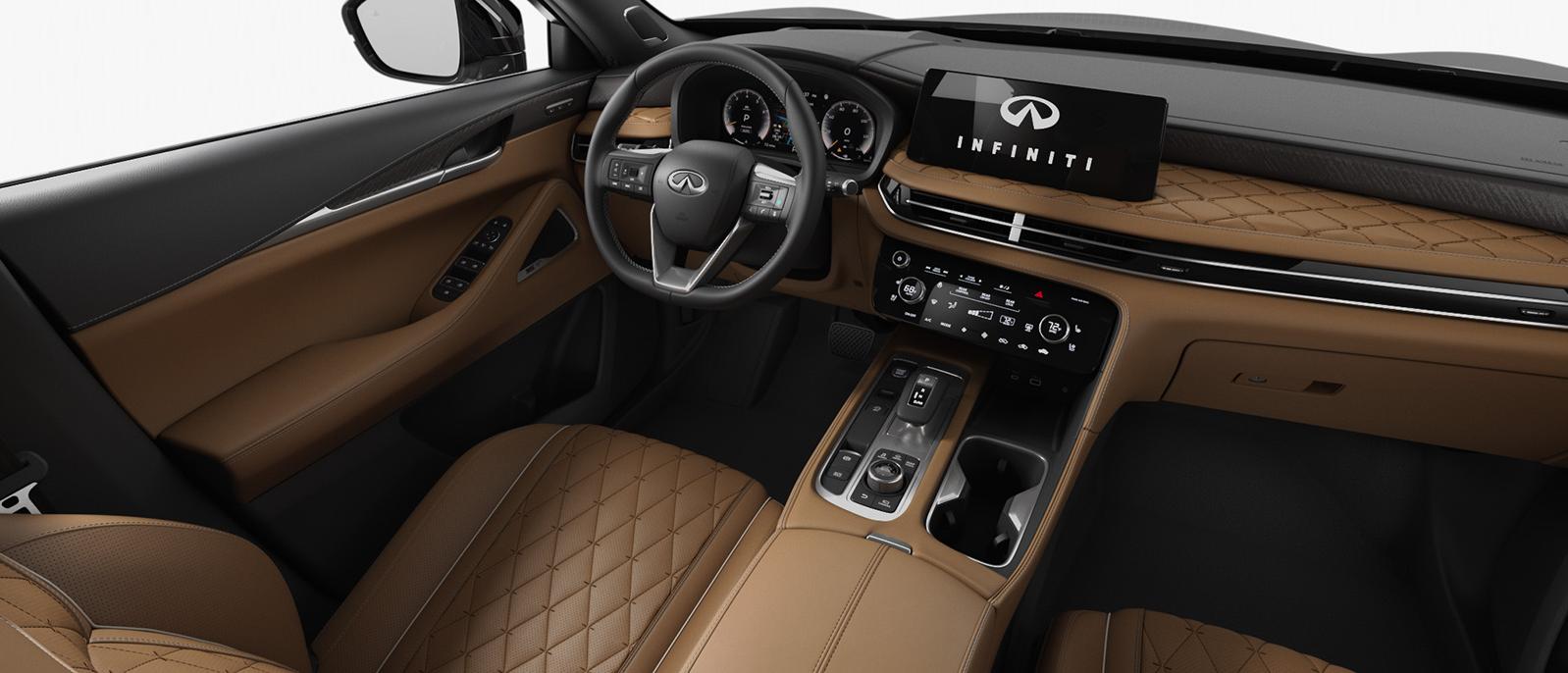 Interior view of an INFINITI QX60 in "Quilted Saddle Brown & Wood" color scheme.