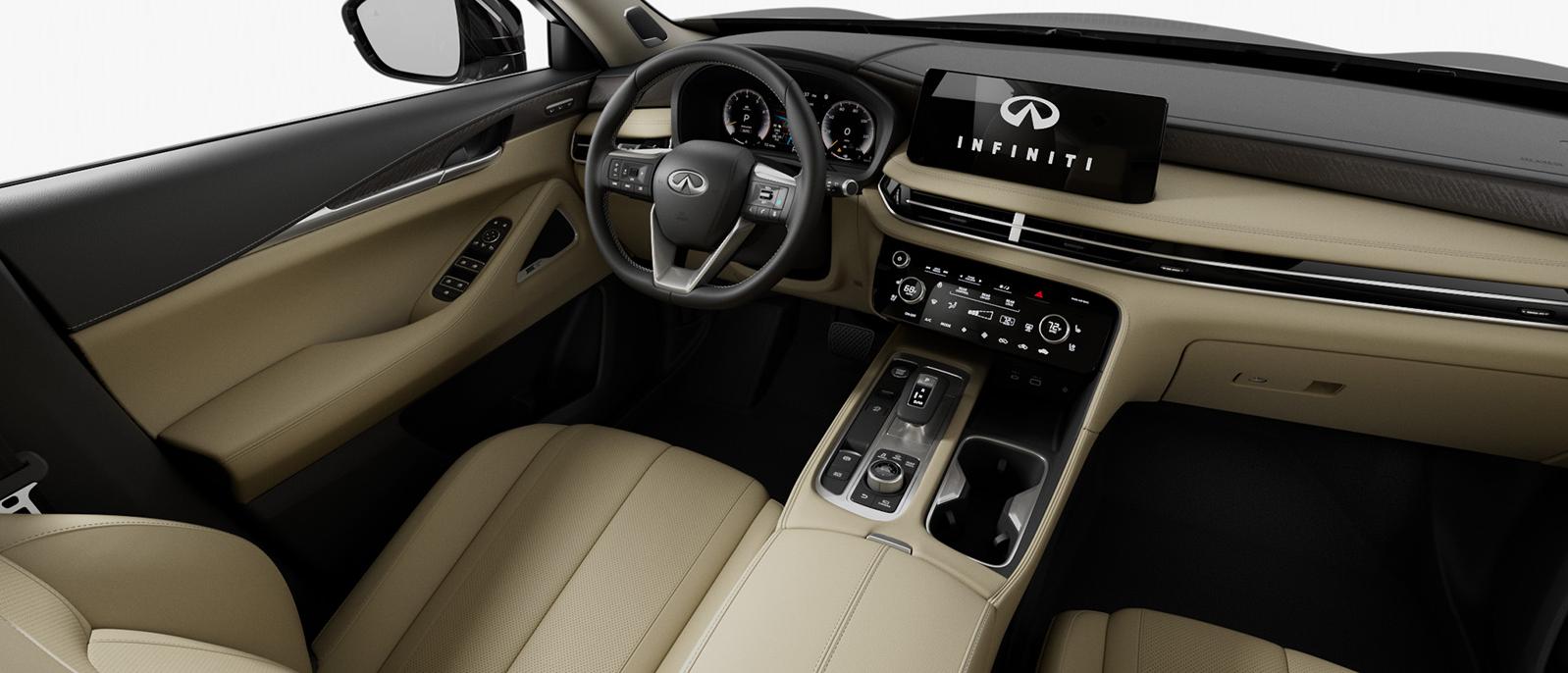 Interior view of an INFINITI QX60 in "Sandstone & Wood" color scheme.