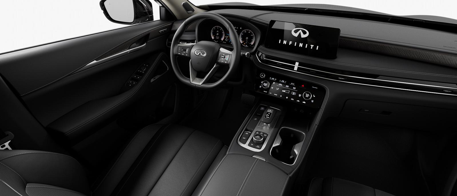Interior view of an INFINITI QX60 in "Graphite & Wood" color scheme.